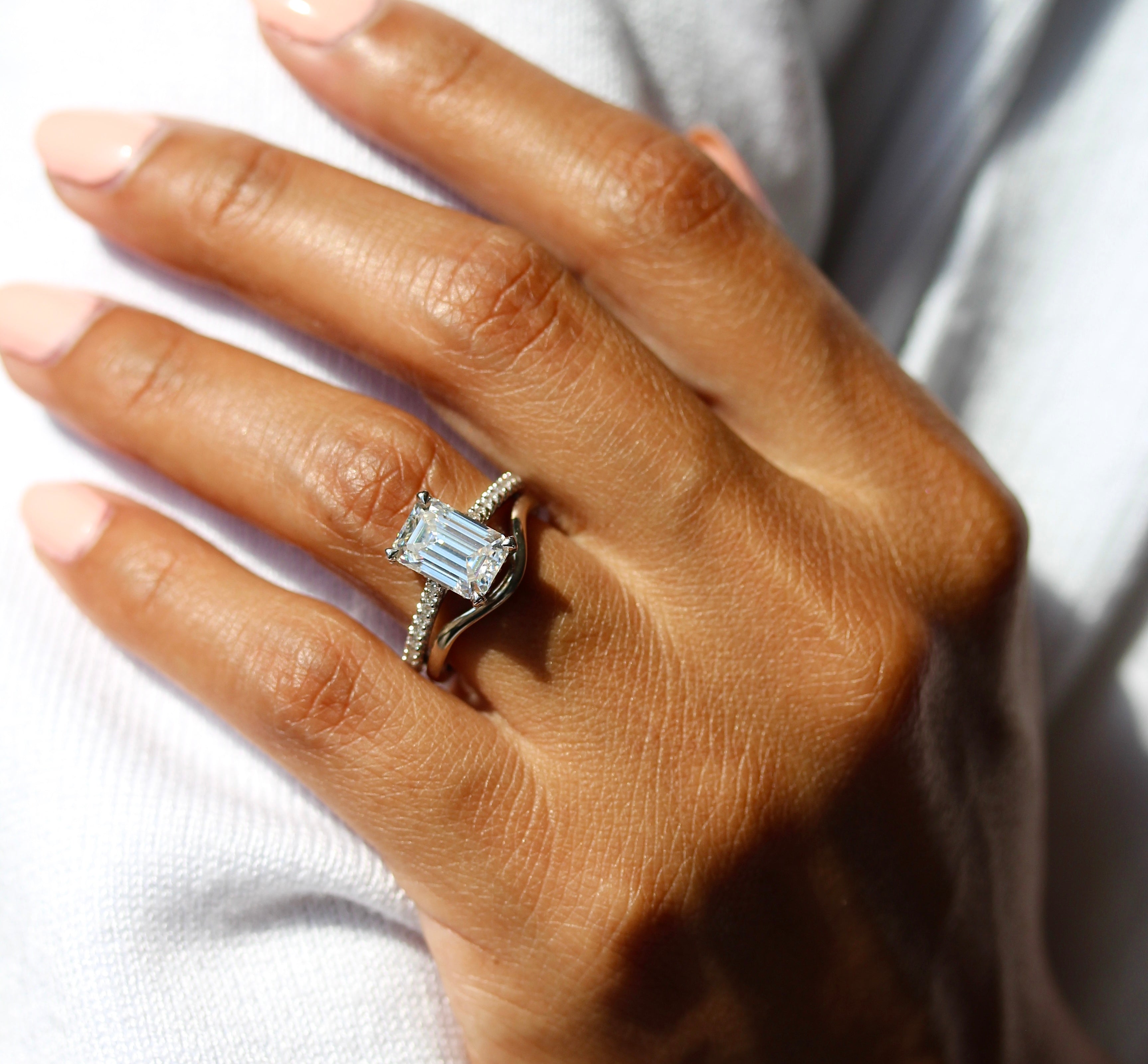 Emerald Cut Wide Diamond Wedding Bands Emerald-Cut Moissanite