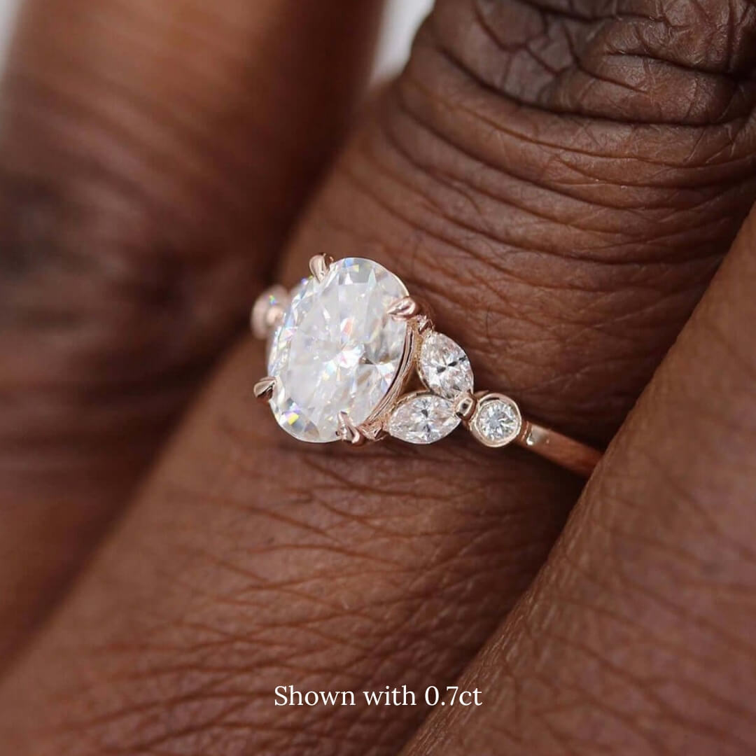 The Sophia Ring in Rose Gold with a 0.75ct Oval Moissanite modeled