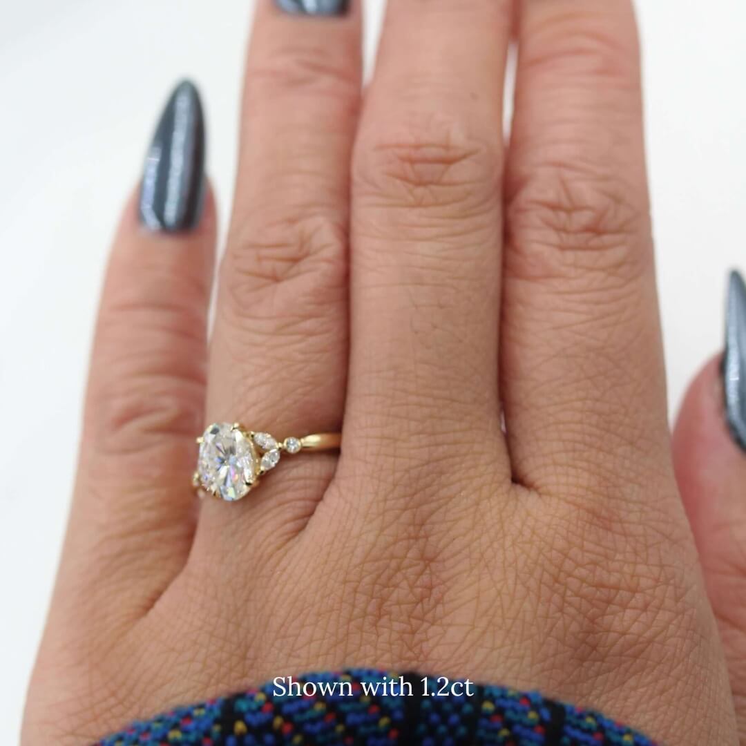 The Sophia Ring in Yellow Gold with a 1.25ct Oval Moissanite modeled