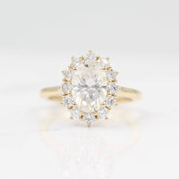 Ready to Ship Ring 14k Yellow Gold The Allie Ring (Oval) in Yellow Gold with 2ct Moissanite against a white background
