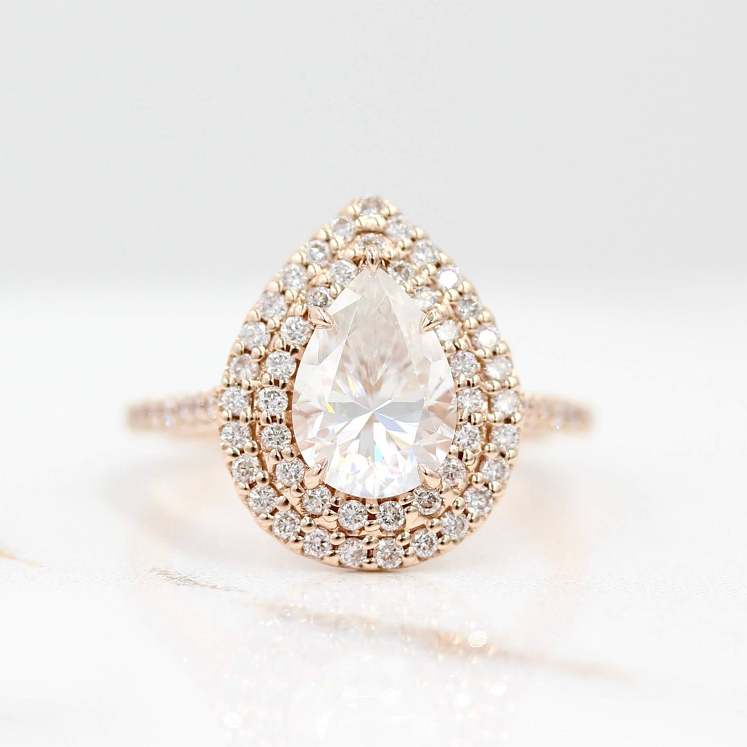 Ready to Ship Ring Colorless Moissanite / 14k Rose Gold / 1.75ct The Double-Halo Carly Ring in Rose Gold with 1.75ct Moissanite