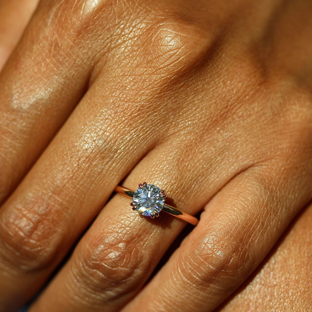 The Serena Ring (Round) in Rose Gold and Moissanite modeled on a hand