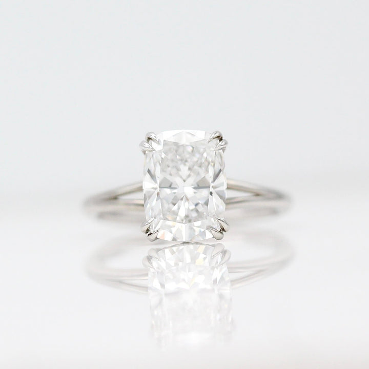 The Sage Ring in White Gold with a 3ct Elongated Cushion Lab-Grown Diamond against a white background