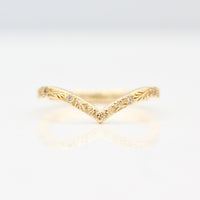 Engraved Floral V shaped Wedding Band with inset Round Lab-Grown Diamonds in Yellow gold.