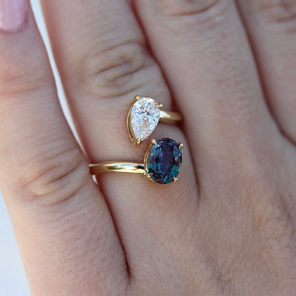 Engagement Ring Toi et Moi Diamond and Alexandrite Bypass Ring