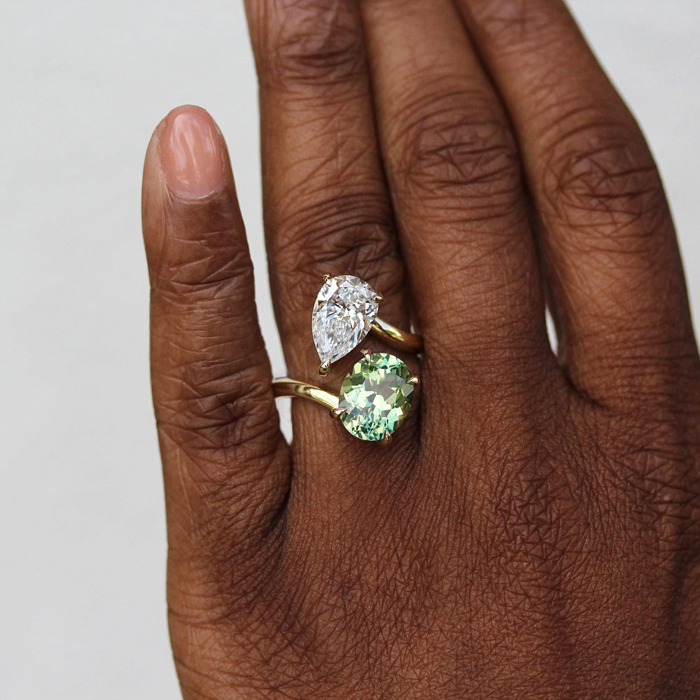 Engagement Ring Toi Et Moi Diamond and Sage Green Sapphire Bypass Ring