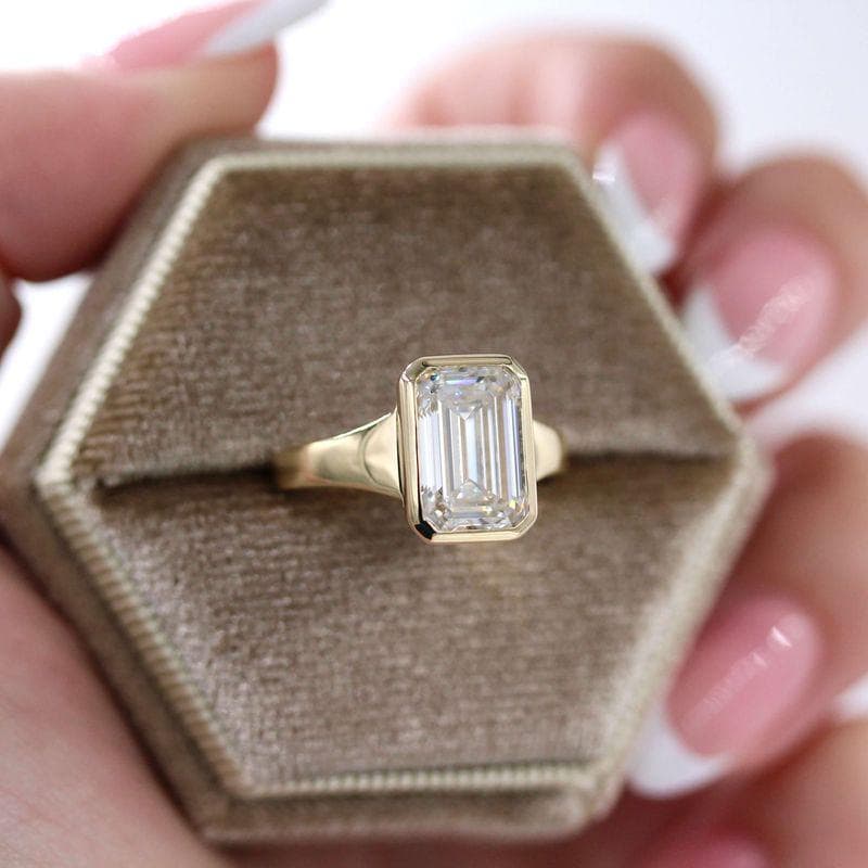 Emerald-cut Bezel Engagement Ring in a Velvet Box