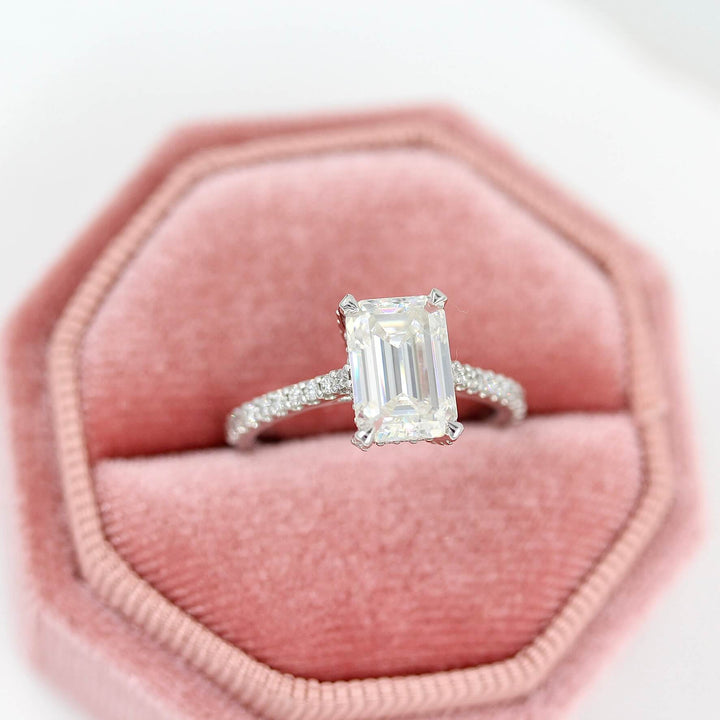 The Victoria Ring in White Gold and Moissanite in a pink velvet ring box