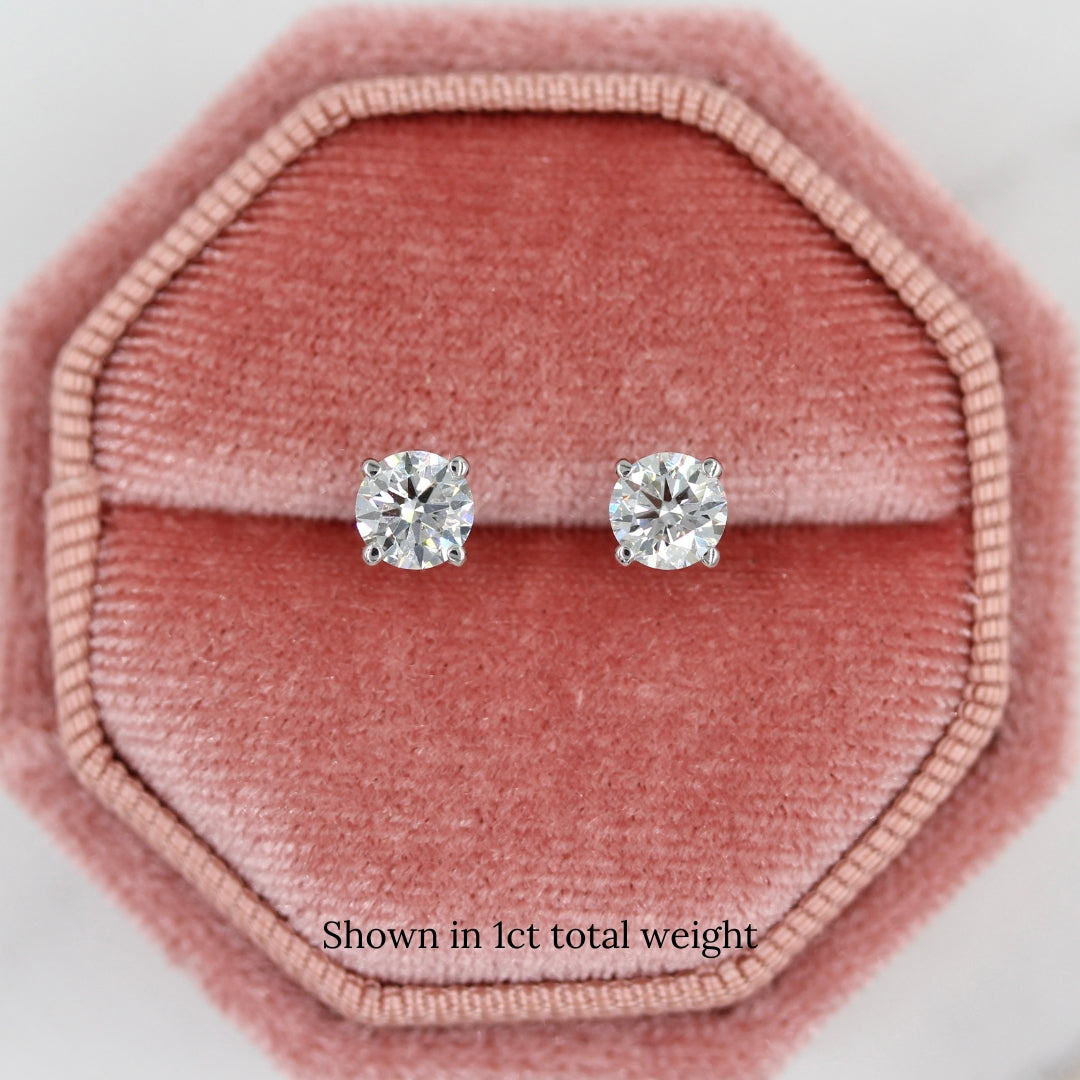 1ct Classic Stud Earrings in white gold in a pink velvet ring box