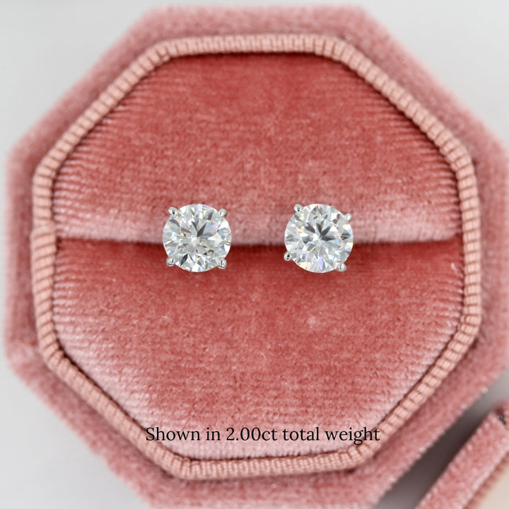 2ct Classic Stud Earrings in white gold in a pink velvet ring box