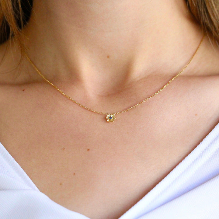 The June Birthstone Poppy Necklace with Alexandrite in Yellow Gold modeled
