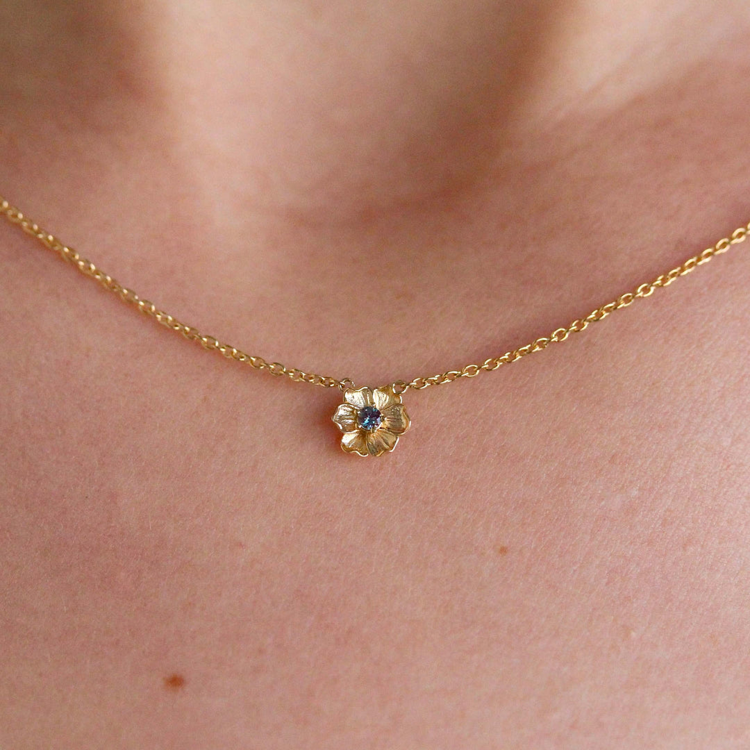 The June Birthstone Poppy Necklace with Alexandrite in Yellow Gold modeled