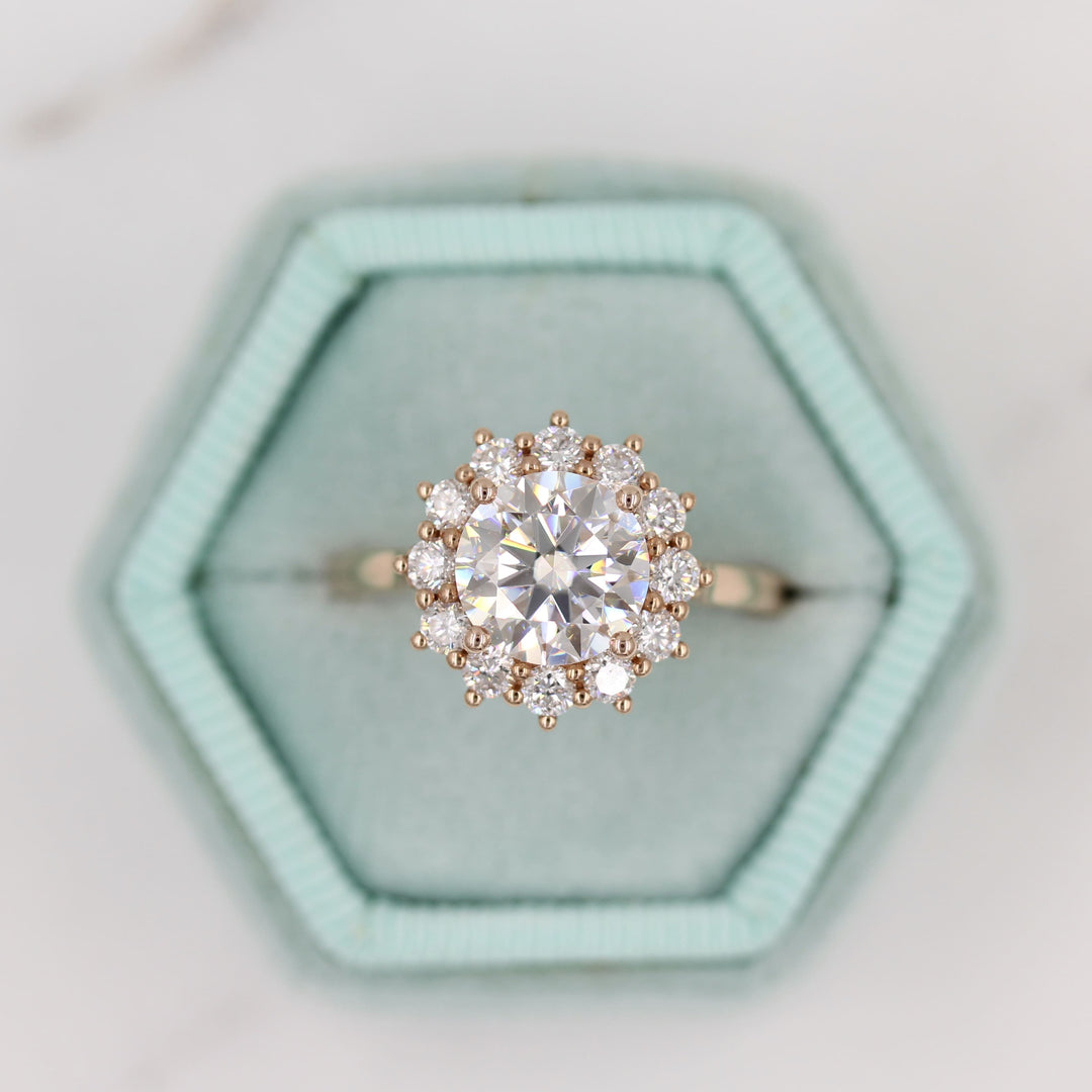 The Allie Ring (Round) - Moissanite in Rose Gold in a blue velvet ring box