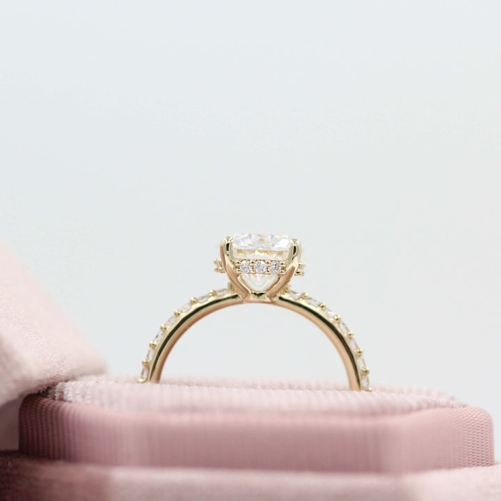 side profile of Athena ring hidden halo view yellow gold sitting in pink velvet box