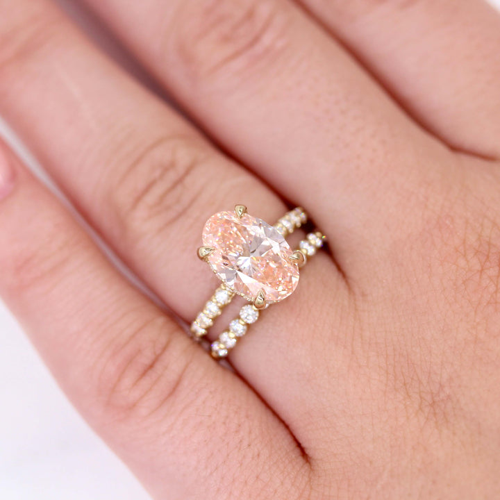 Ready to Ship Ring 14k Yellow Gold The Athena Hidden Halo Ring (Oval) in Yellow Gold with 3.23ct Pink Lab-Grown Diamond