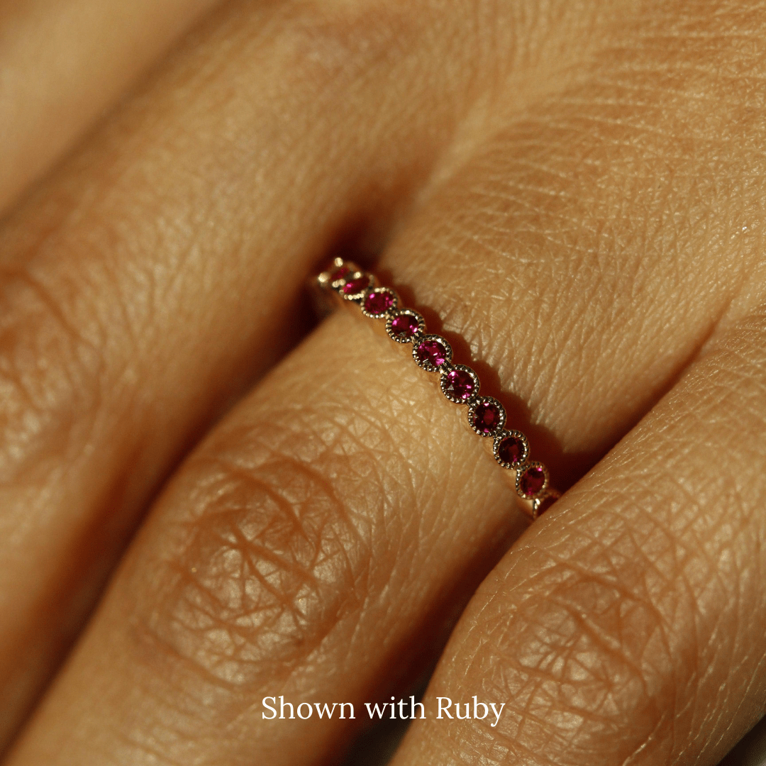 The July Florence Birthstone Band with Ruby in Yellow Gold modeled