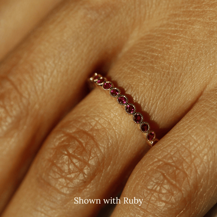 The July Florence Birthstone Band with Ruby in Yellow Gold modeled