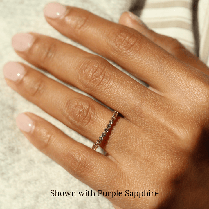 The February Florence Birthstone Band with Purple Sapphire in Yellow Gold modeled