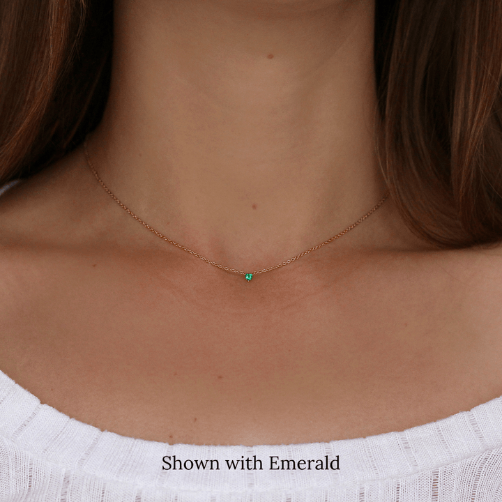 The May Tiny Trillion Birthstone Necklace with Emerald in Yellow Gold modeled
