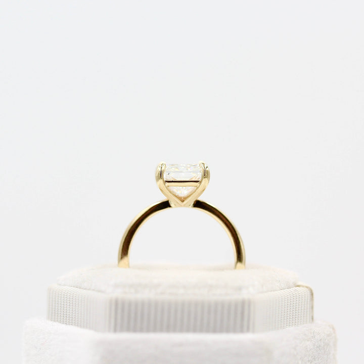  The Celeste Ring (Radiant) in Yellow Gold with 3.75ct Lab-Grown Diamond in a white velvet ring box