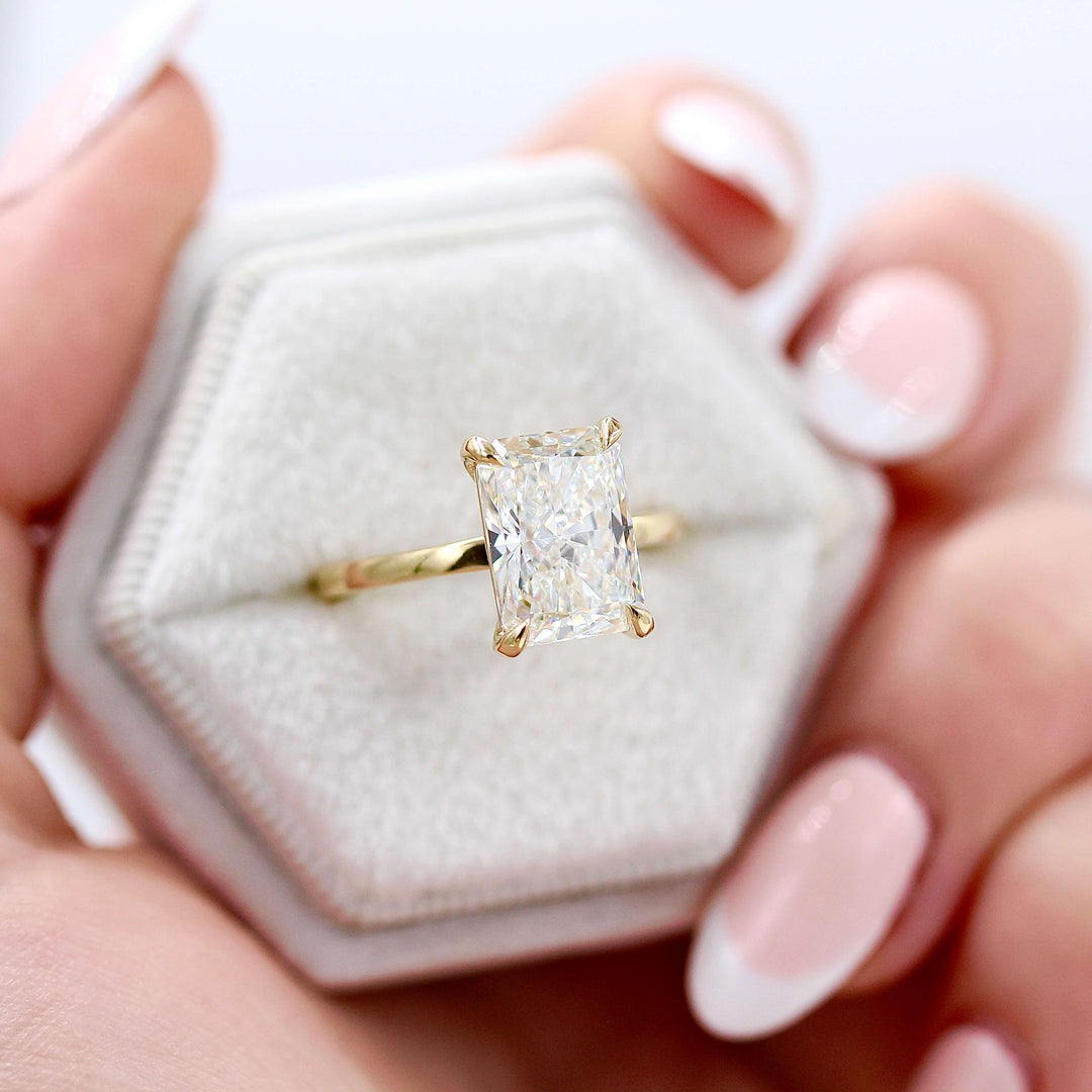 The Celeste Ring (Radiant) in Yellow Gold with 3.75ct Lab-Grown Diamond in a white velvet ring box