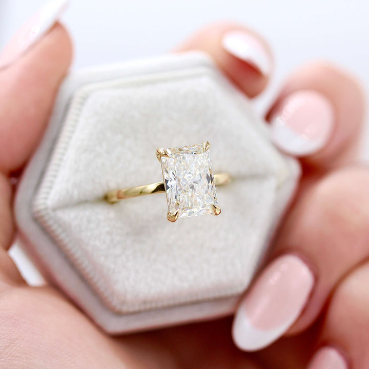  The Celeste Ring (Radiant) in Yellow Gold with 3.75ct Lab-Grown Diamond in a white velvet ring box