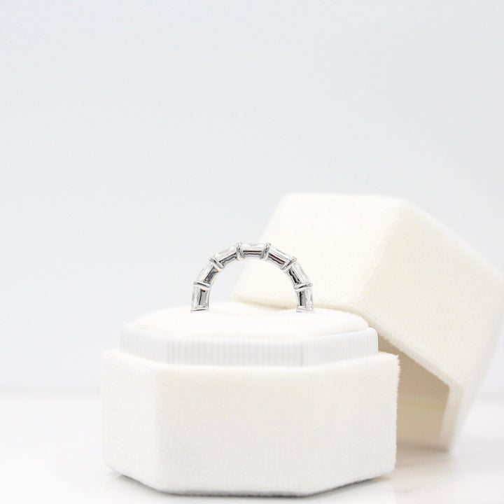 The Clara Wedding Band in White Gold in a white velvet ring box