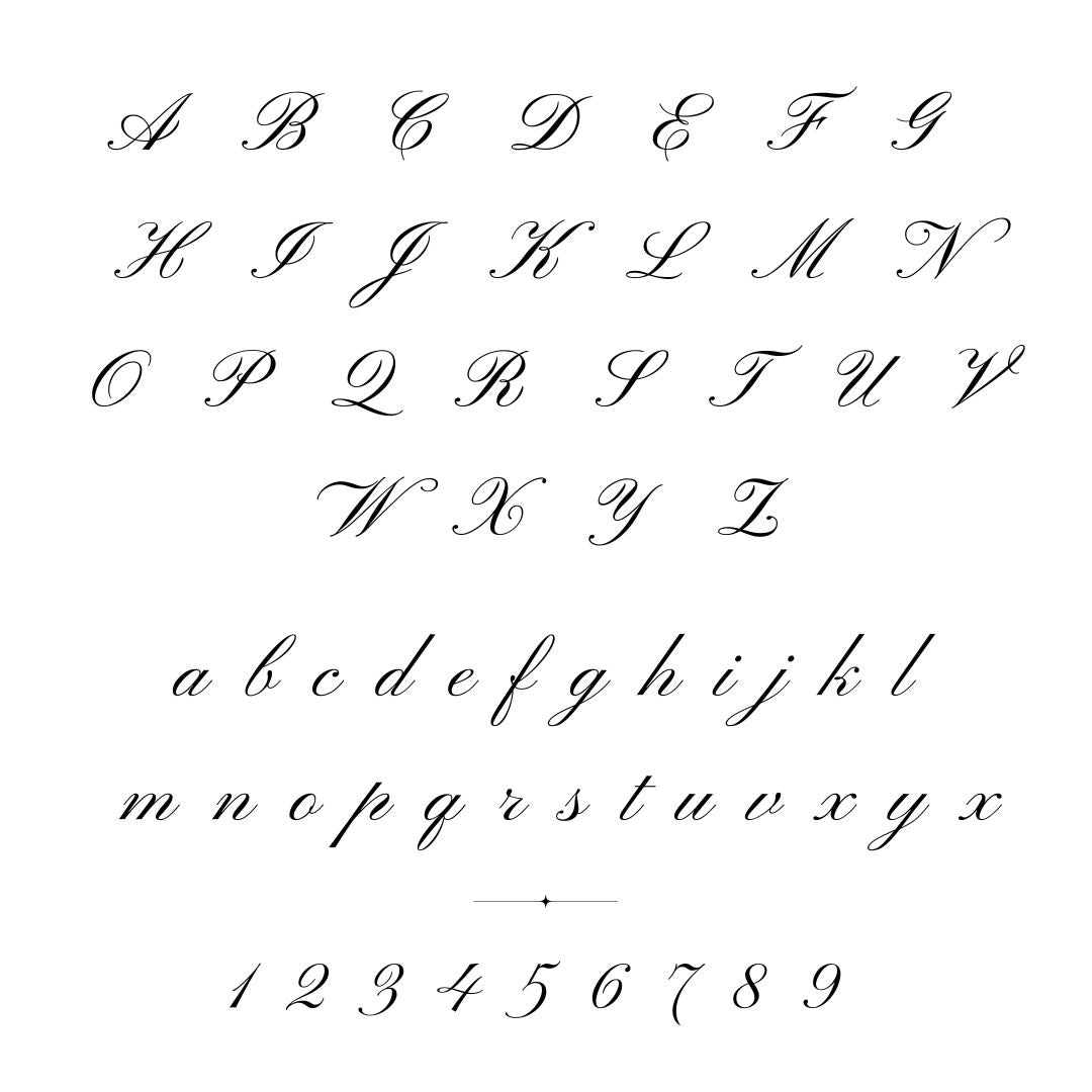 Font for engraving: Calligraphy alphabet and numbers on a white background