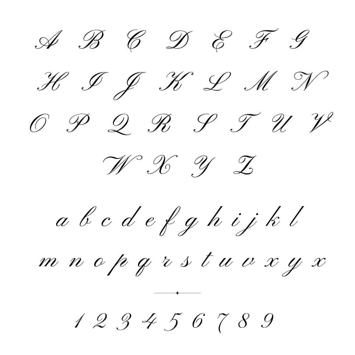 Font for engraving: Calligraphy alphabet and numbers on a white background