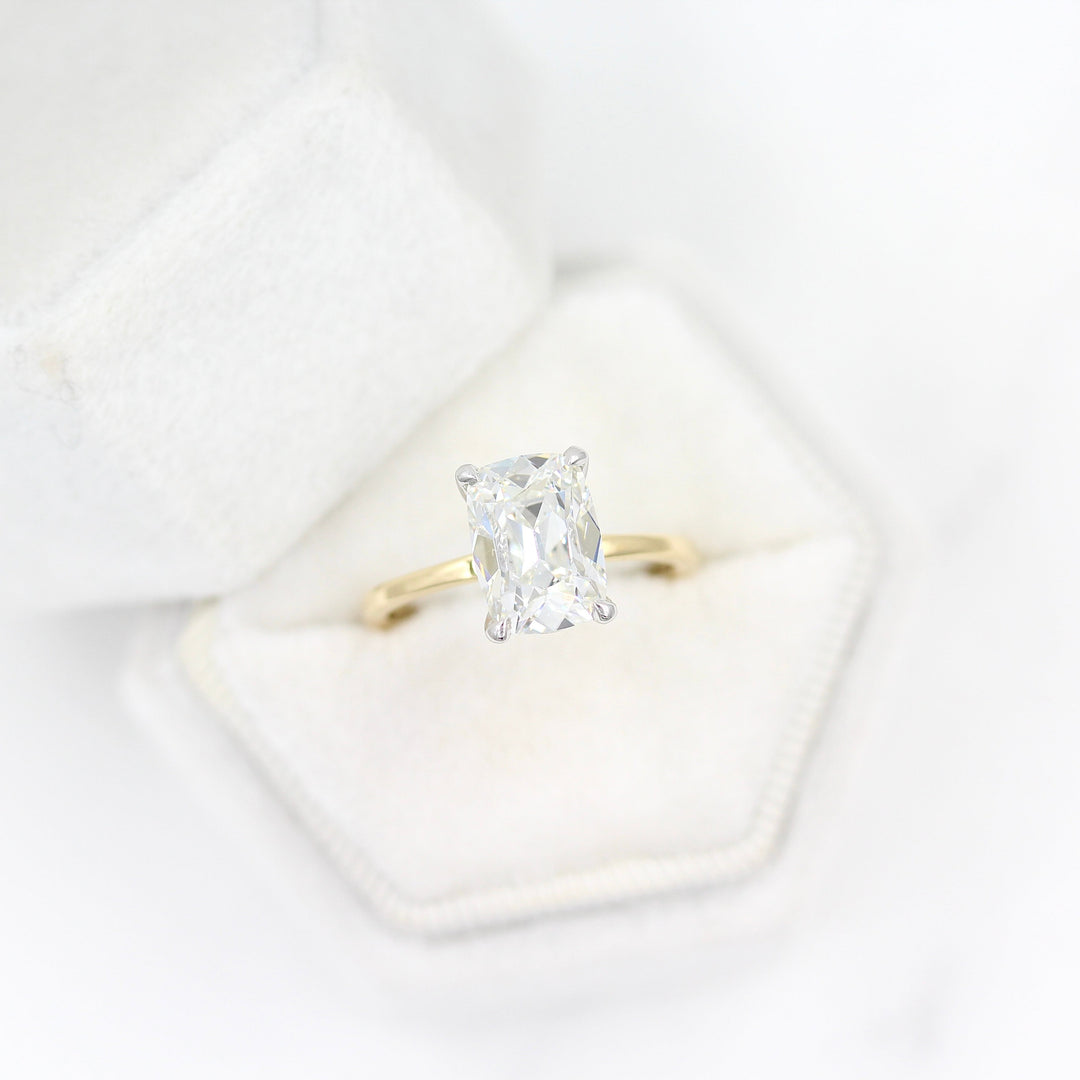 The Eri Ring in Platinum and 18k Yellow Gold with a 3ct Lab Grown Diamond in a white velvet ring box