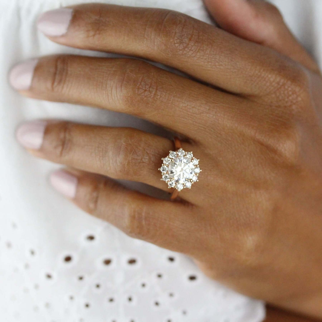 The Allie Ring (Round) - Moissanite in Rose Gold modeled on a hand