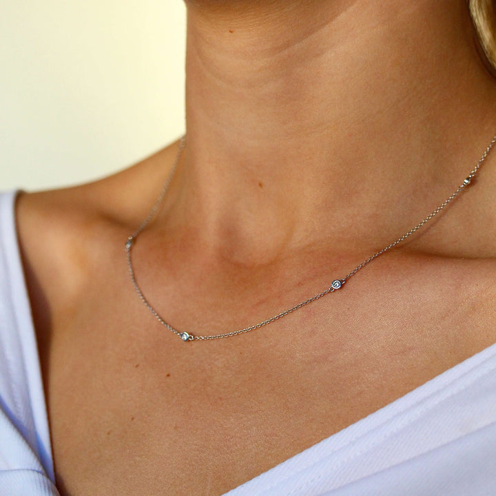 The Diamond Station Necklace in white gold modeled on a neck