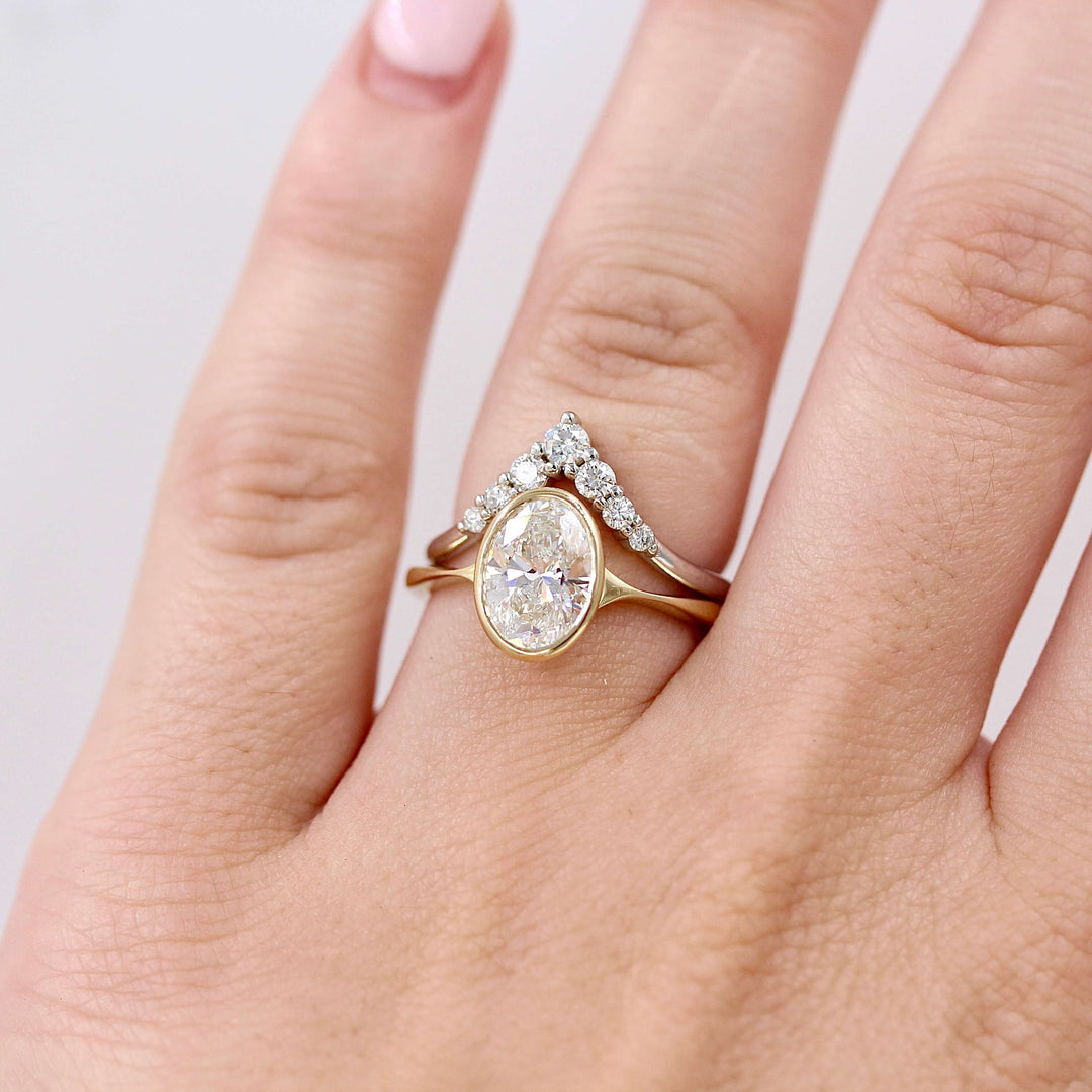 Ready to Ship Ring 14k Yellow Gold The Stevie Ring (Oval) in Yellow Gold with 1.54ct Lab Grown Diamond stacked with Graduated Diamond V Band in Platinum modeled