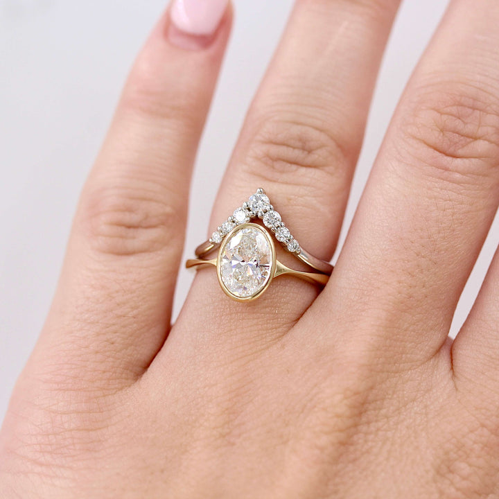 Ready to Ship Ring 14k Yellow Gold The Stevie Ring (Oval) in Yellow Gold with 1.54ct Lab Grown Diamond stacked with Graduated Diamond V Band in Platinum modeled