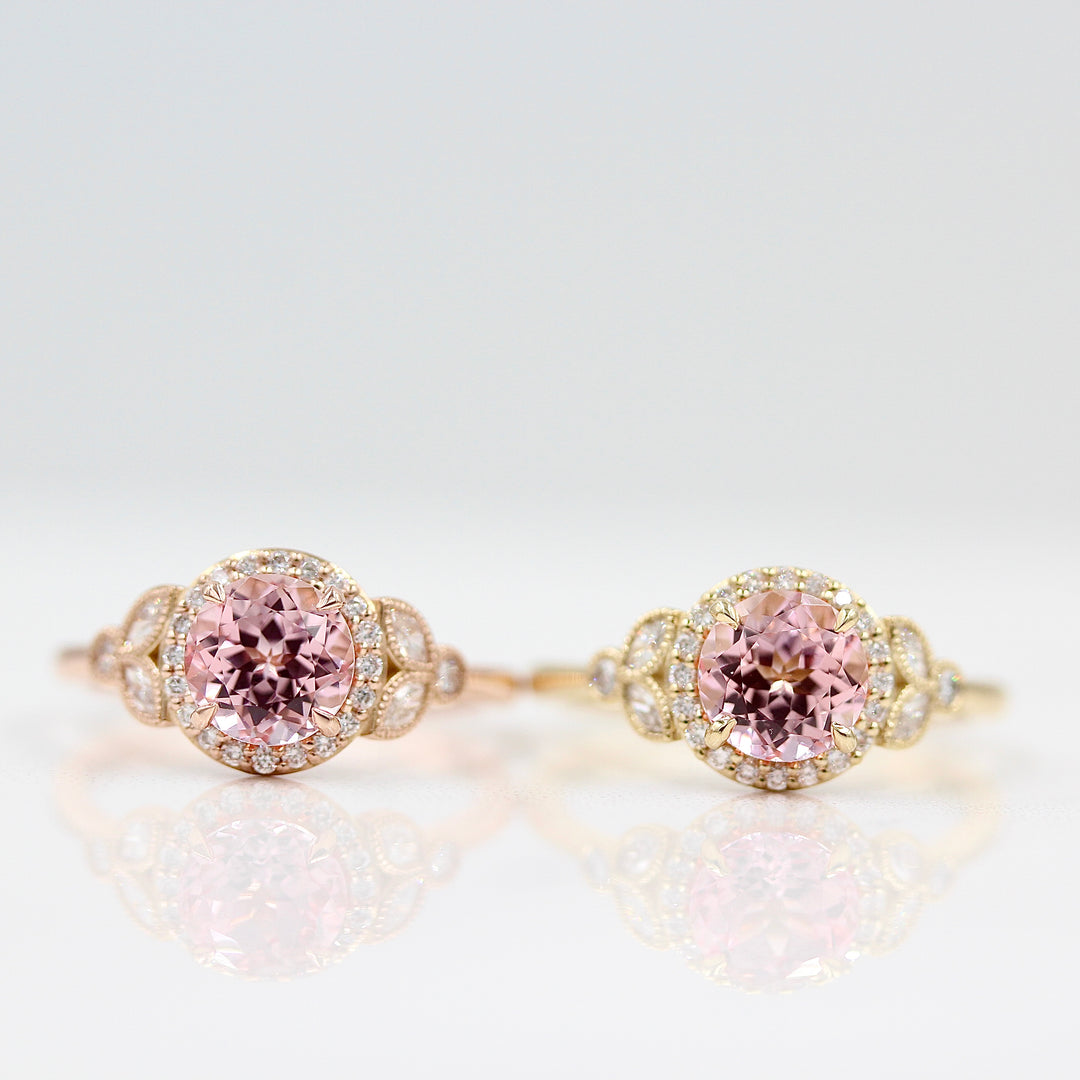 The Cate ring (round) with peachy-pink sapphire in rose and yellow gold side by side against a white background