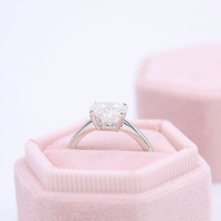 The Twyla (Oval) Ring in white gold in a pink velvet ring box