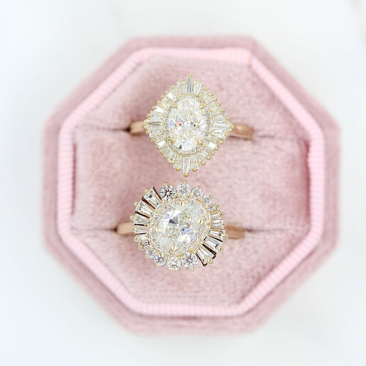 The Soleil Ring in Yellow Gold and Lab Grown Diamond and the Sojourner Ring in Yellow Gold and Lab Grown Diamond in a pink velvet ring box