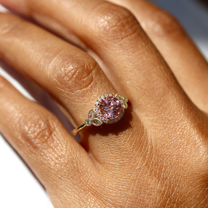 Ready to Ship Ring 14k Yellow Gold The Cate Ring (Round) in Yellow Gold with 1ct Peachy-Pink Created Sapphire
