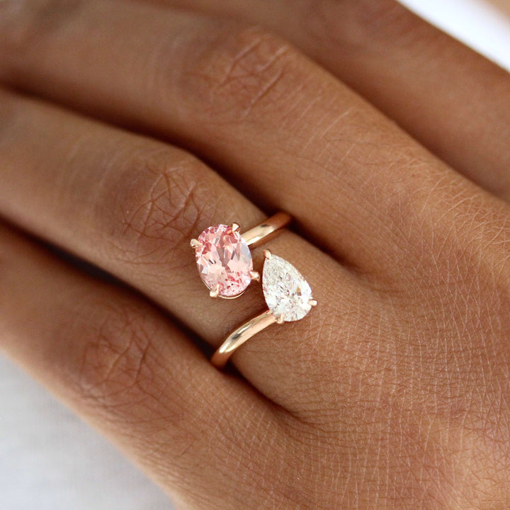 Toi et Moi Diamond and Peachy-Pink Sapphire Bypass Ring in Rose Gold modeled