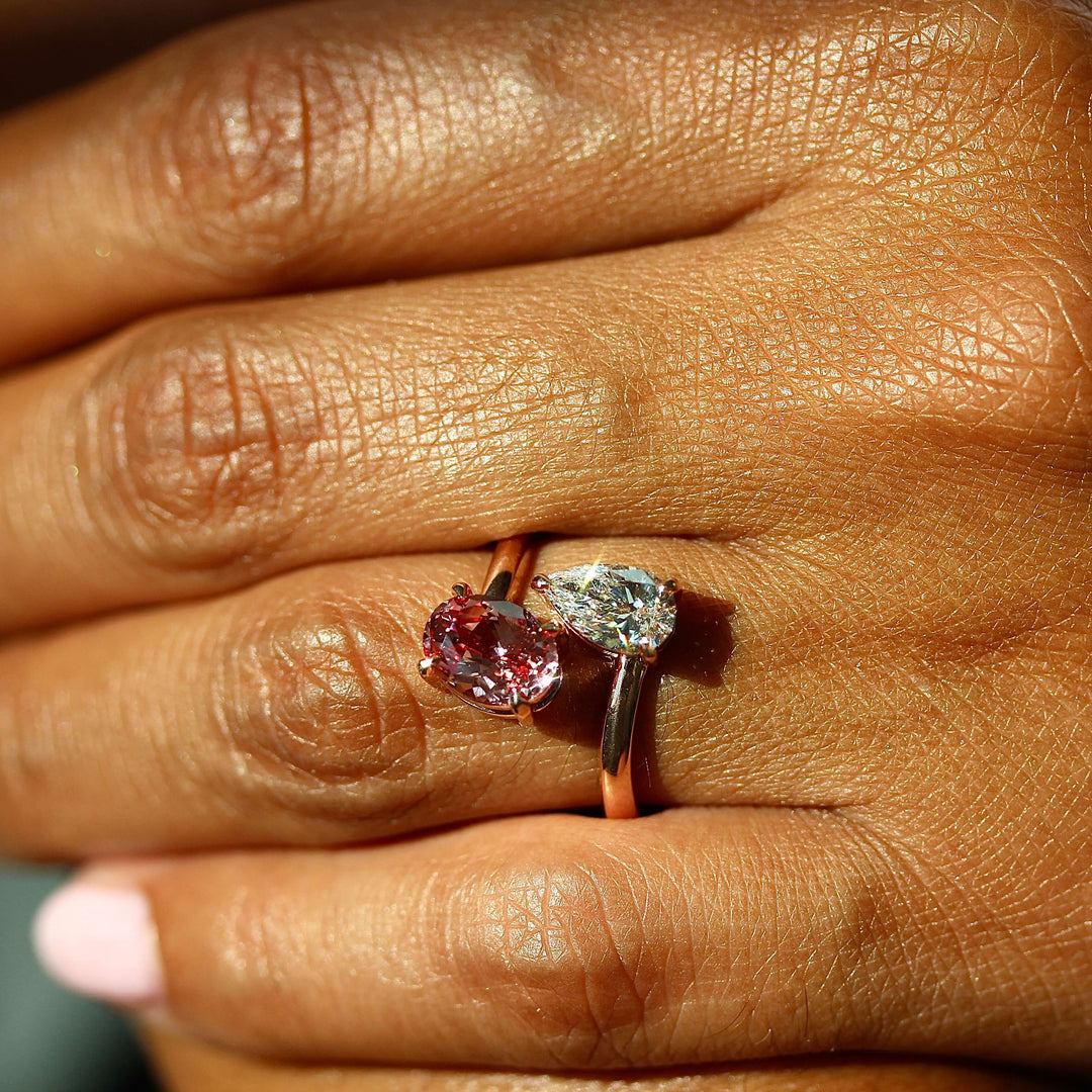Engagement Ring Toi et Moi Diamond and Peachy-Pink Sapphire Bypass Ring