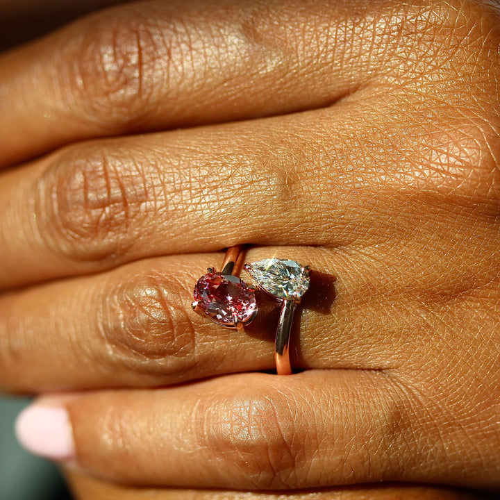 Engagement Ring Toi et Moi Diamond and Peachy-Pink Sapphire Bypass Ring