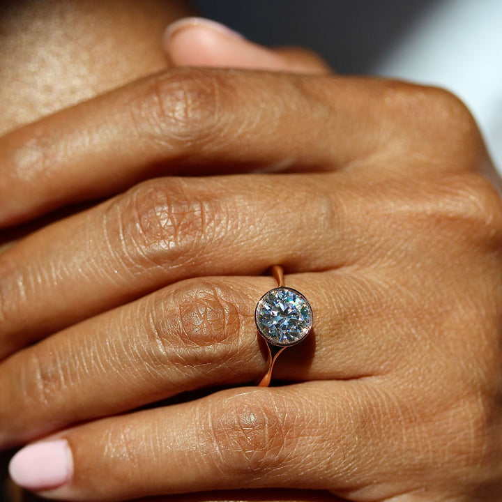 The Stevie Ring (Round) in Rose Gold with 2ct Moissanite modeled on a hand