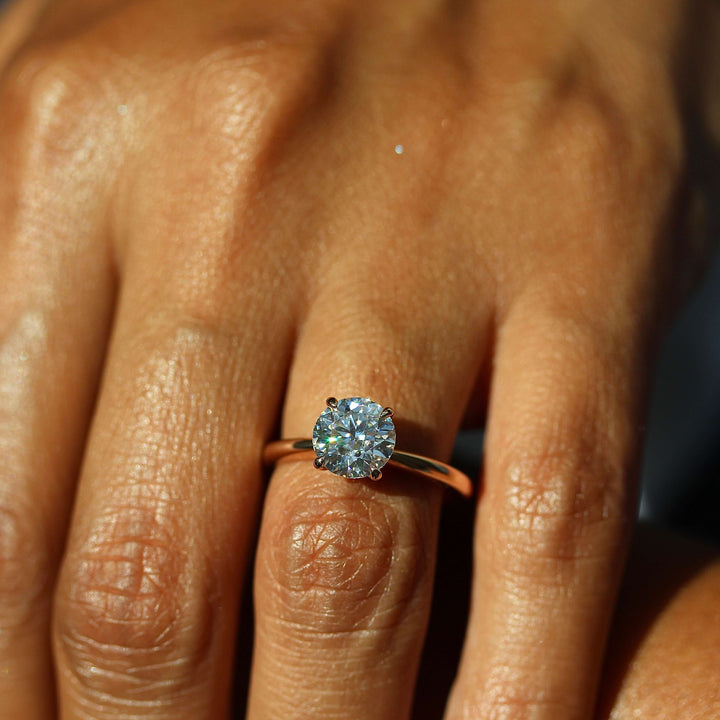 The Margot Ring (Round) in Rose Gold and Moissanite modeled on a hand