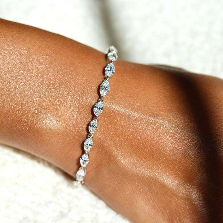 The Marquise Lab Grown Diamond Tennis Bracelet in white gold modeled