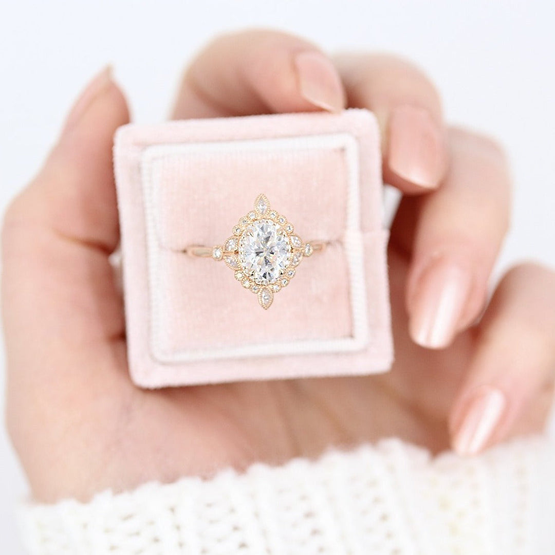 Stella double halo engagement ring in a pink velvet box