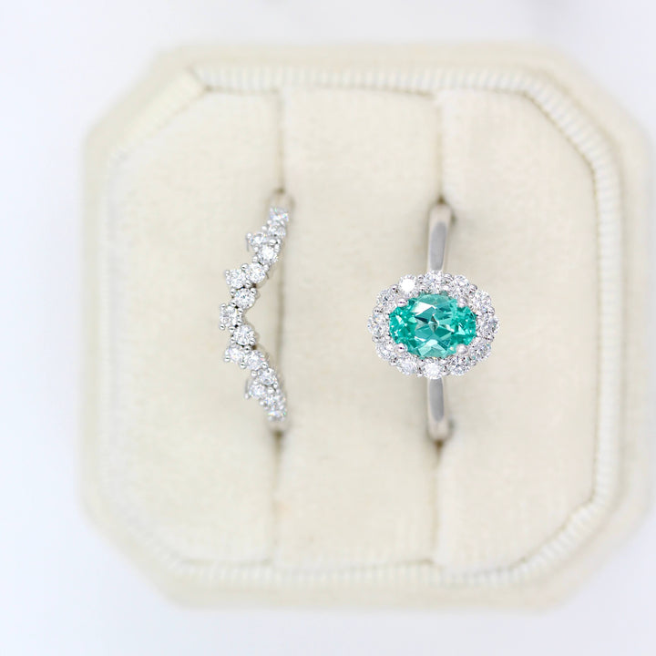 The Ava Ring with Minty Green Paraiba Color Chrysoberyl in white gold with the Nova Wedding Band in white gold in a white velvet ring box