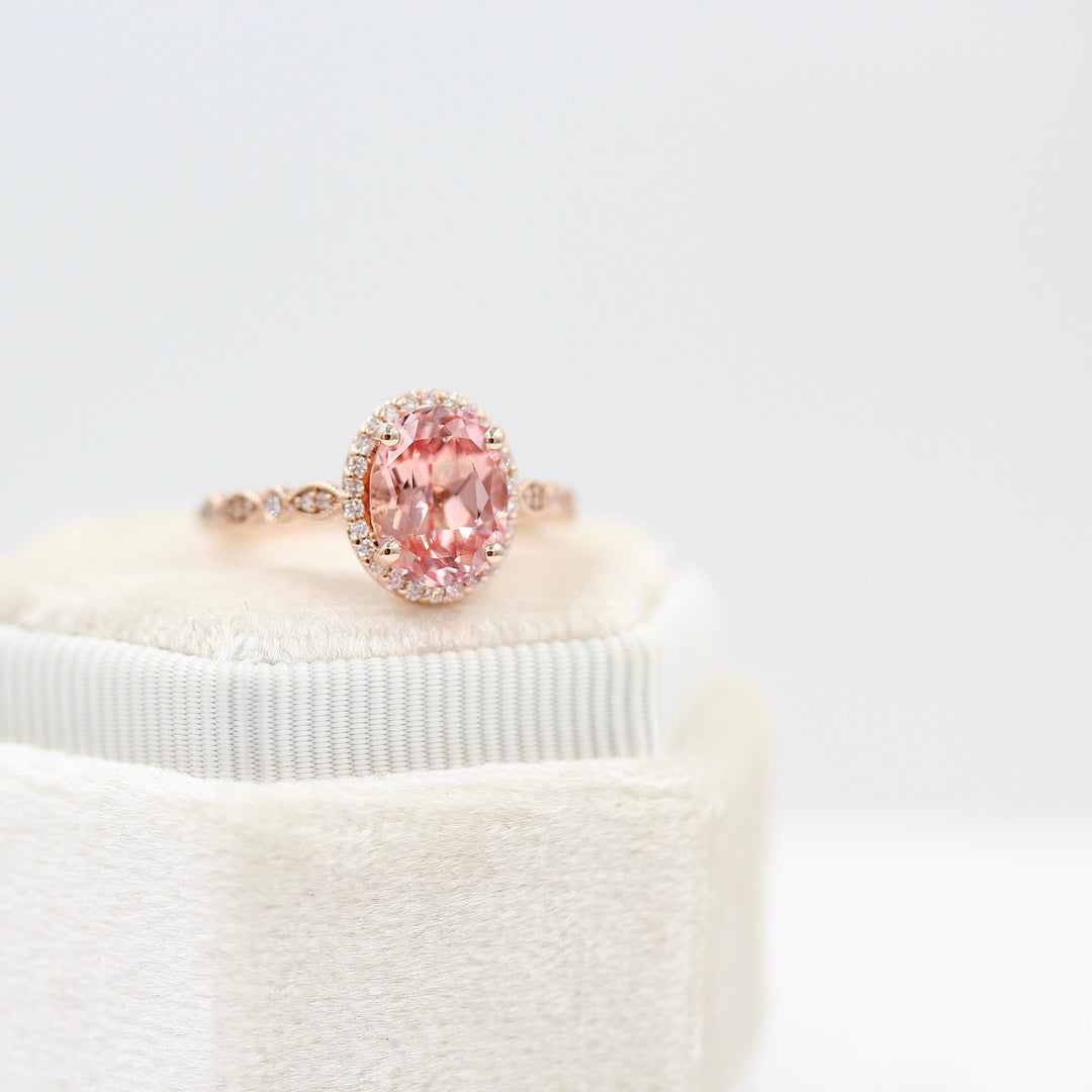 pink sapphire dress ring 3 Carat Carat Oval Pink Sapphire Ring, Hidden Halo Gold Engagement Rin