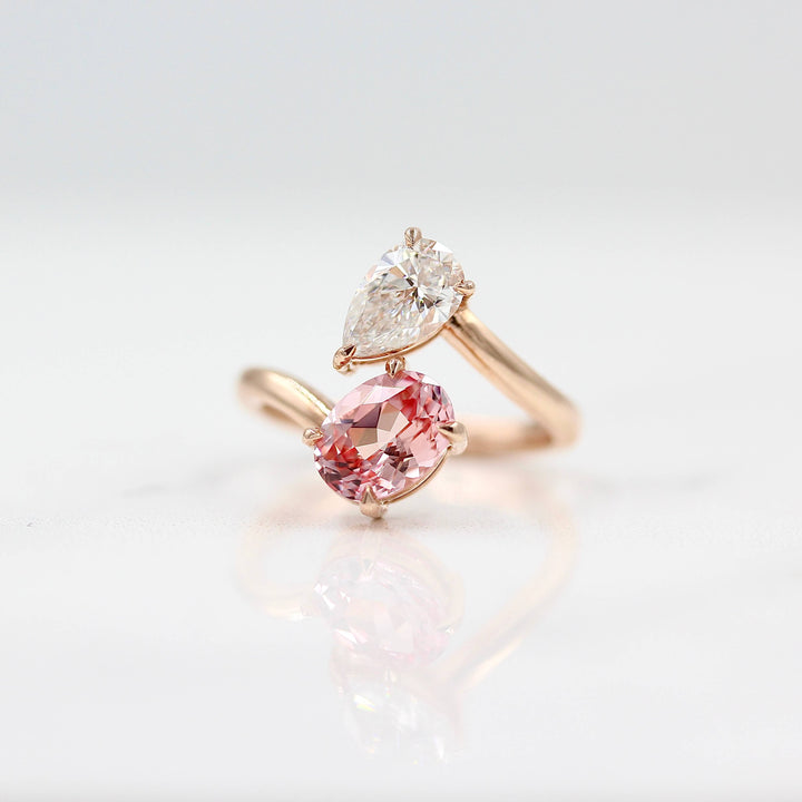 Engagement Ring Toi et Moi Diamond and Peachy-Pink Sapphire Bypass Ring