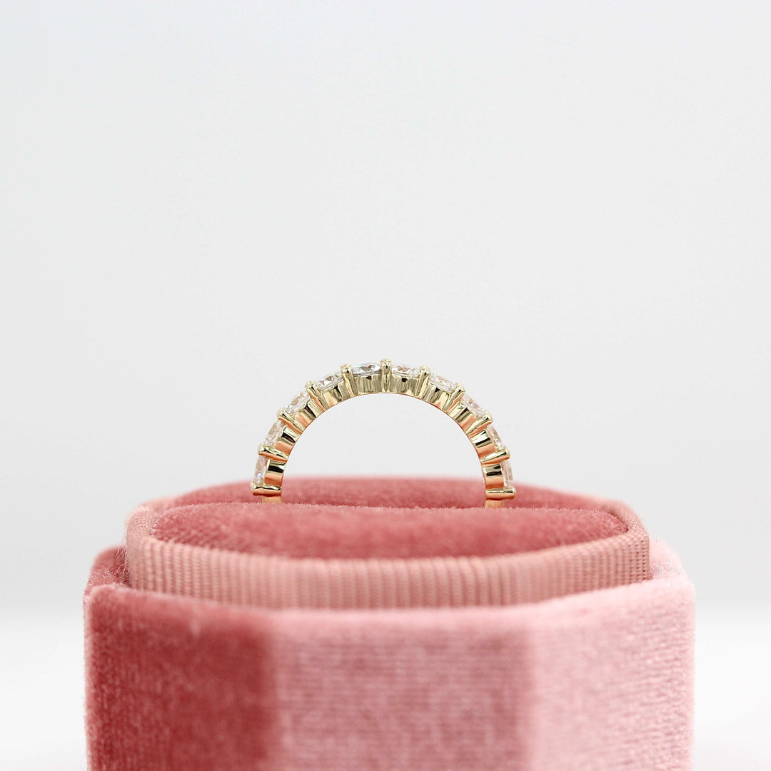 The Lexington Wedding Band in Yellow Gold in a pink velvet ring box