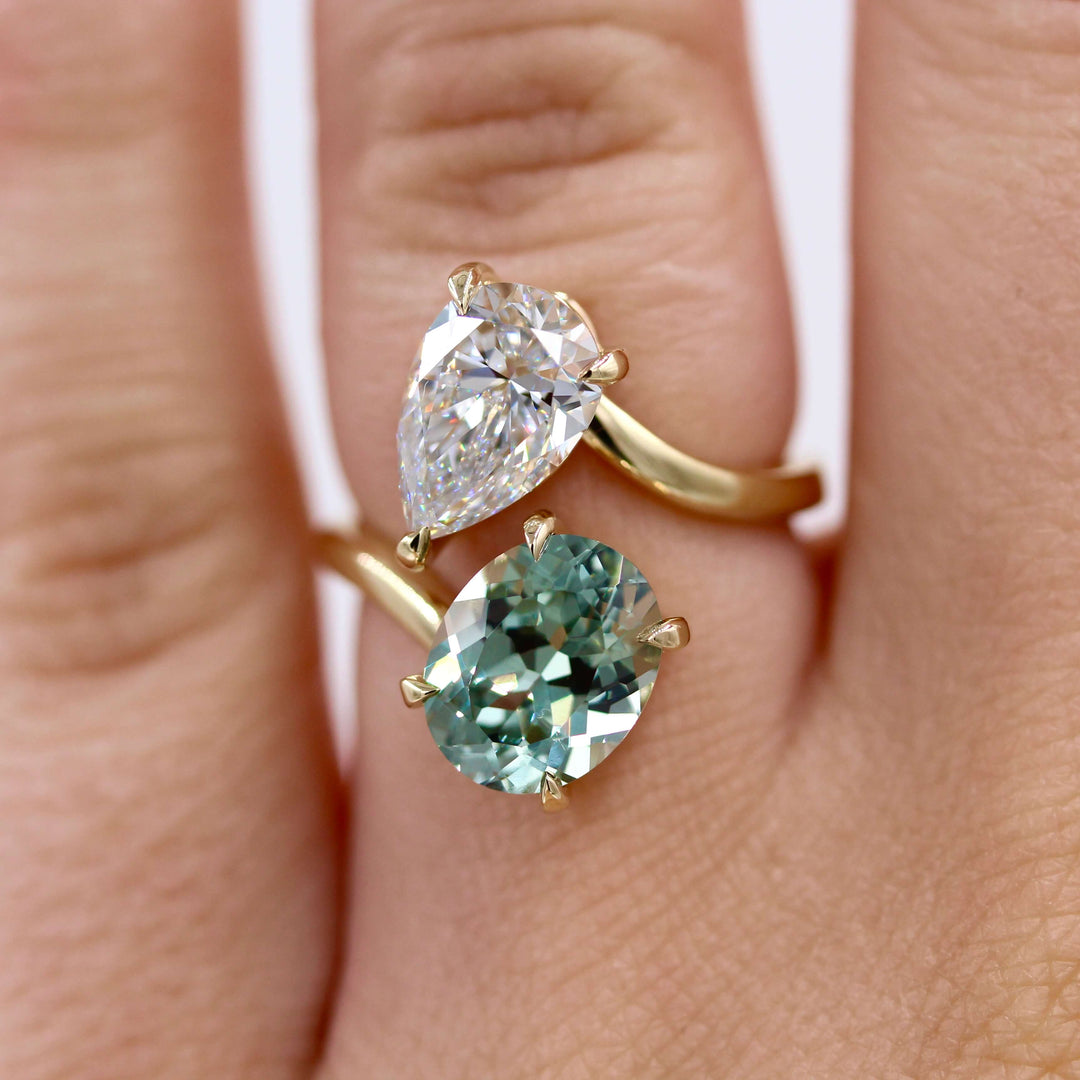 Engagement Ring 14k Yellow Gold Toi Et Moi Diamond and Sage Green Sapphire Bypass Ring in Yellow Gold modeled